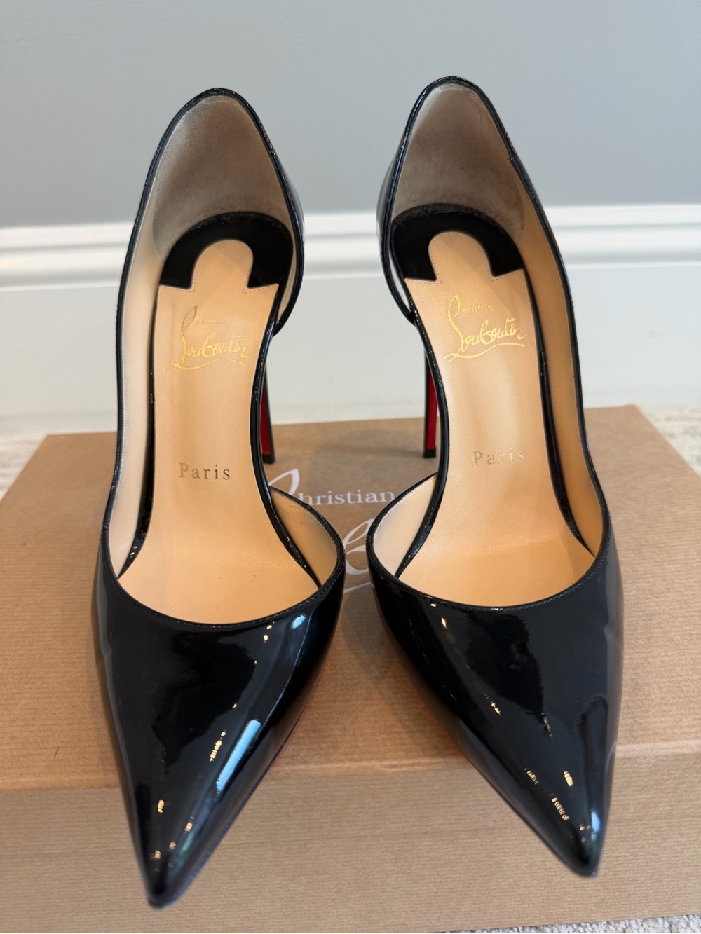Christian Louboutin 
Iriza 100MM Black Patent Leather Pumps